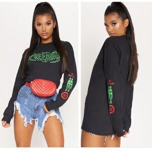 Pretty Little Thing - Black Long Sleeve Freedom Slogan Oversized Tshirt Sz L